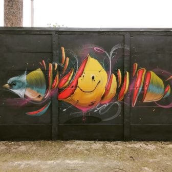 Belgian street artist Filip Bosmans has used a smiley face at the centre of this pop surrealism graffiti mural, though the happy face doesn't look like it's going to be happy for long