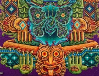 This detail shot of one of Gonzalo Areúz's street art murals shows how the artist has used patterns from traditional Mexican weaving and Mayan art